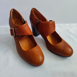 Clarks Indigo Tan Leather Mary Jane Block Heels Cognac Brown Womens 8M Twee Boho